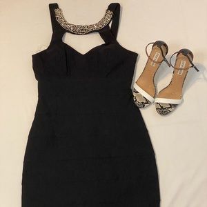 Black Cutout Mini Dress with Rhinestone Collar